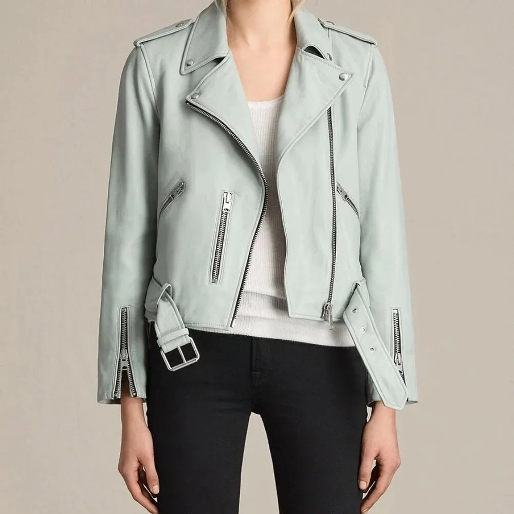 ALL SAINTS - Baby Blue Balfern Lamb Leather Biker Jacket - Picture 1 of 11
